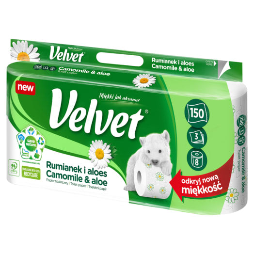 VELVET Naturalnie Pielęgnujący Papier toaletowy z rumiankiem i aloesem 8 rolek
